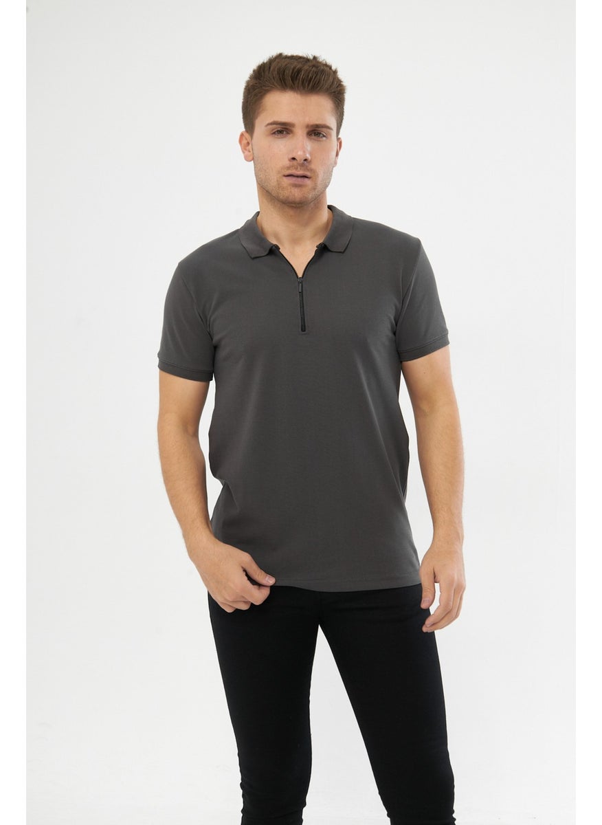 Martin Polo Collar Metal Zipper Standard Fit Plain Men's T-Shirt