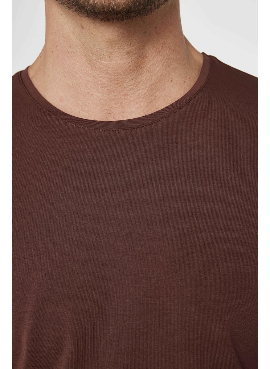 Men's Slim Fit Slim Cut Cotton Soft Texture Flexible Fabric Plain Basic Brown Crew Neck T-Shirt