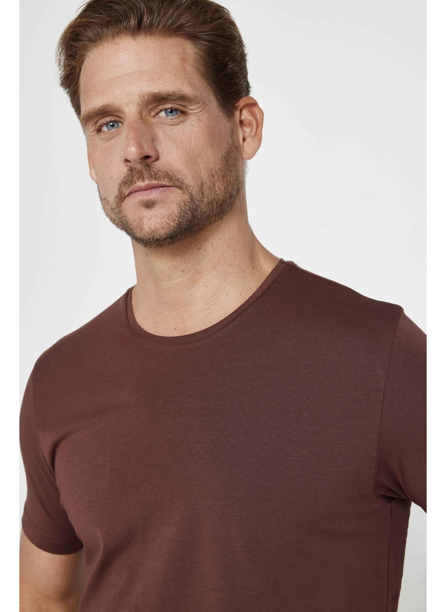 Men's Slim Fit Slim Cut Cotton Soft Texture Flexible Fabric Plain Basic Brown Crew Neck T-Shirt