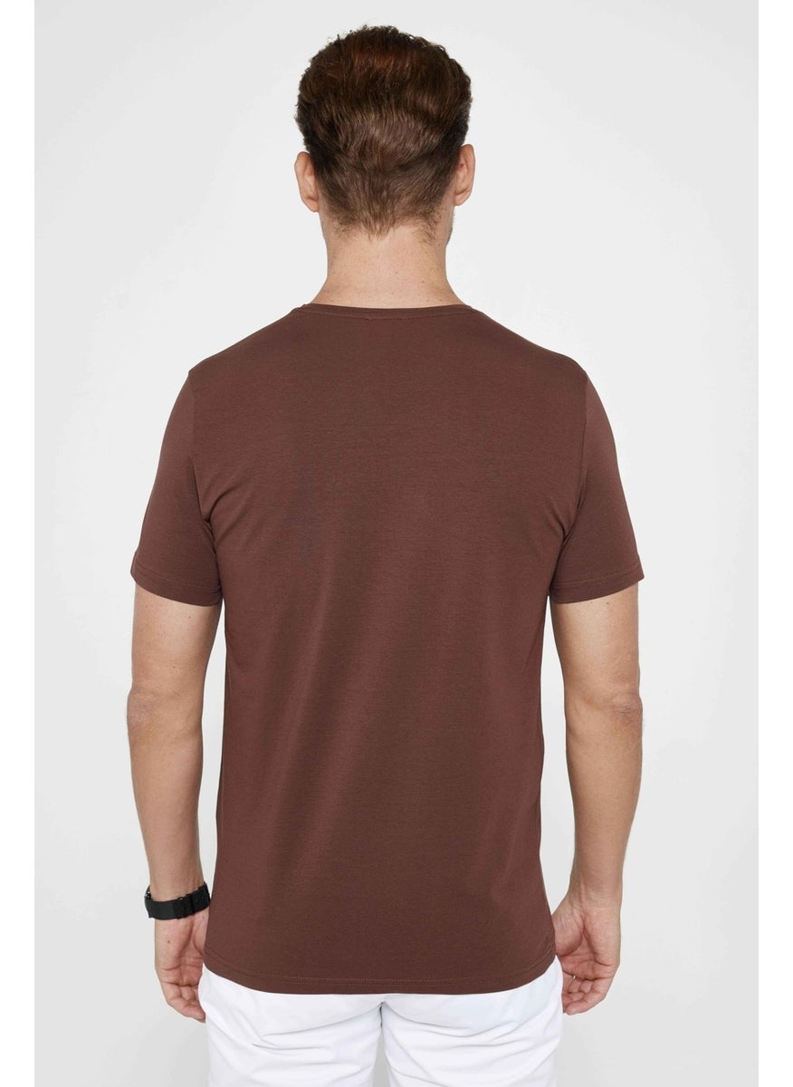 Men's Slim Fit Slim Cut Cotton Soft Texture Flexible Fabric Plain Basic Brown Crew Neck T-Shirt