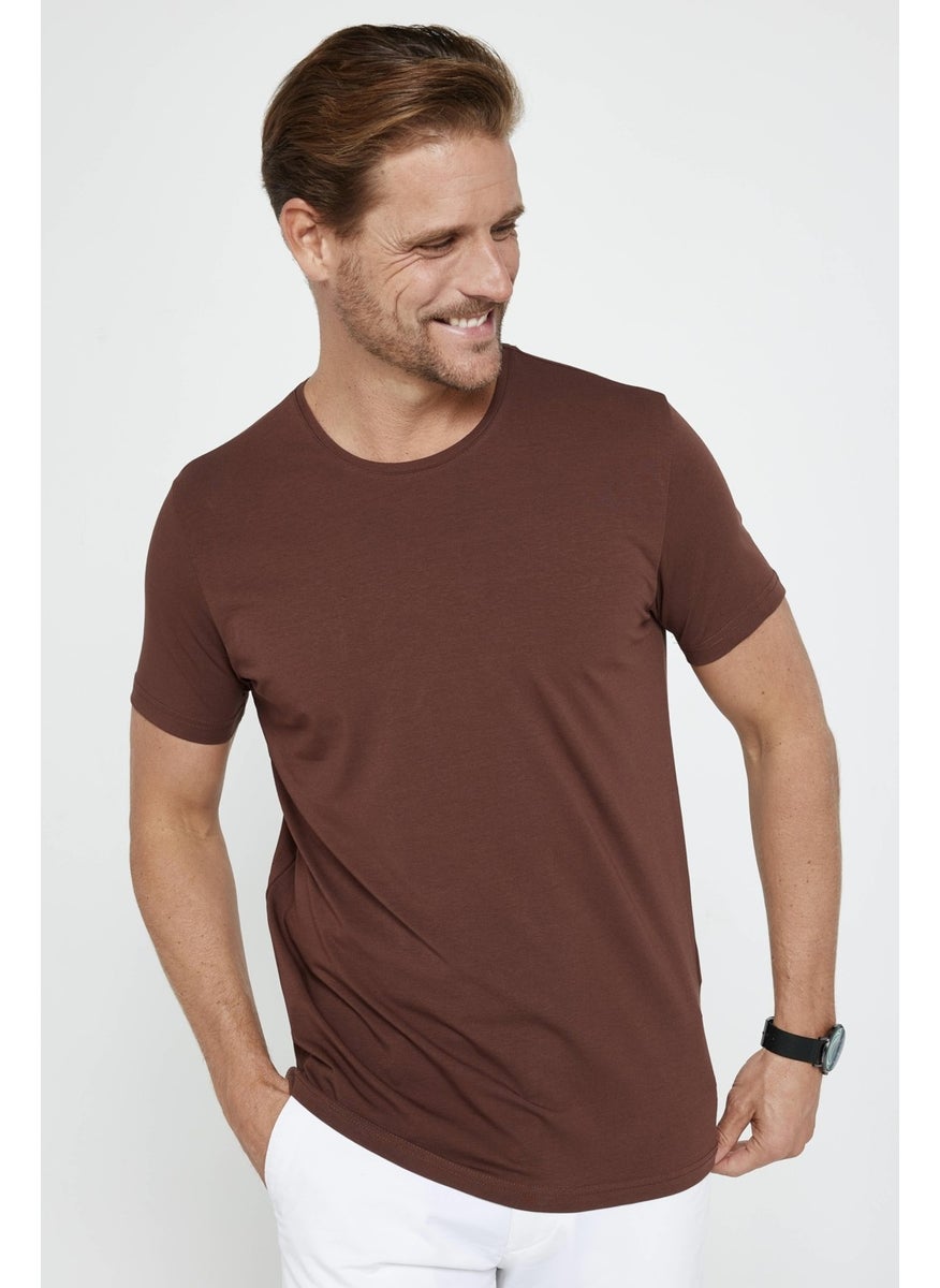 Men's Slim Fit Slim Cut Cotton Soft Texture Flexible Fabric Plain Basic Brown Crew Neck T-Shirt