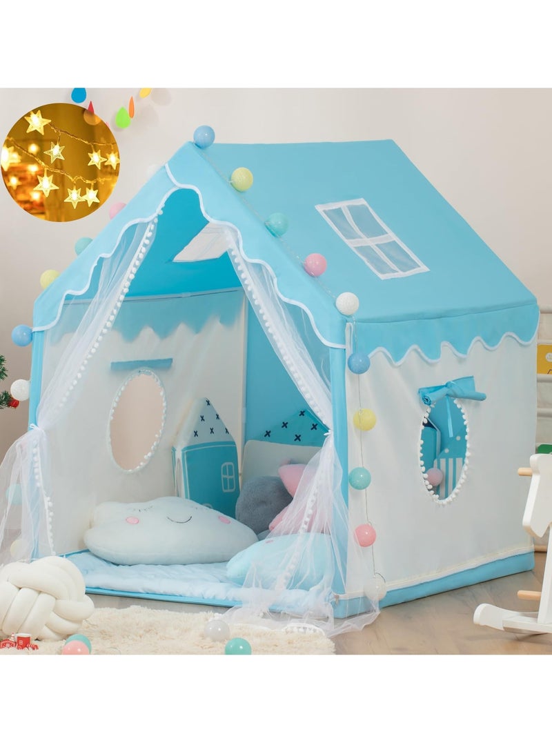 Kids Playhouse with LED Lights and Cloud-shaped Pendant, Play Tent Game House for Boys Girls, Children's Outdoor Indoor Activity Center Princess Castle