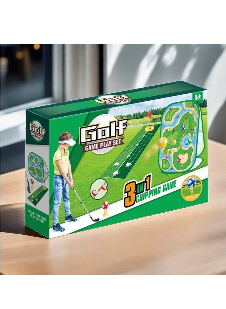 4-In-1 Kids Sticky Golf Games Set With Club, Putting Practice Mat,3-Sided Chipping Net, Multiple Game Modes, Cornhole Board Set, Indoor & Outdoor For Adults