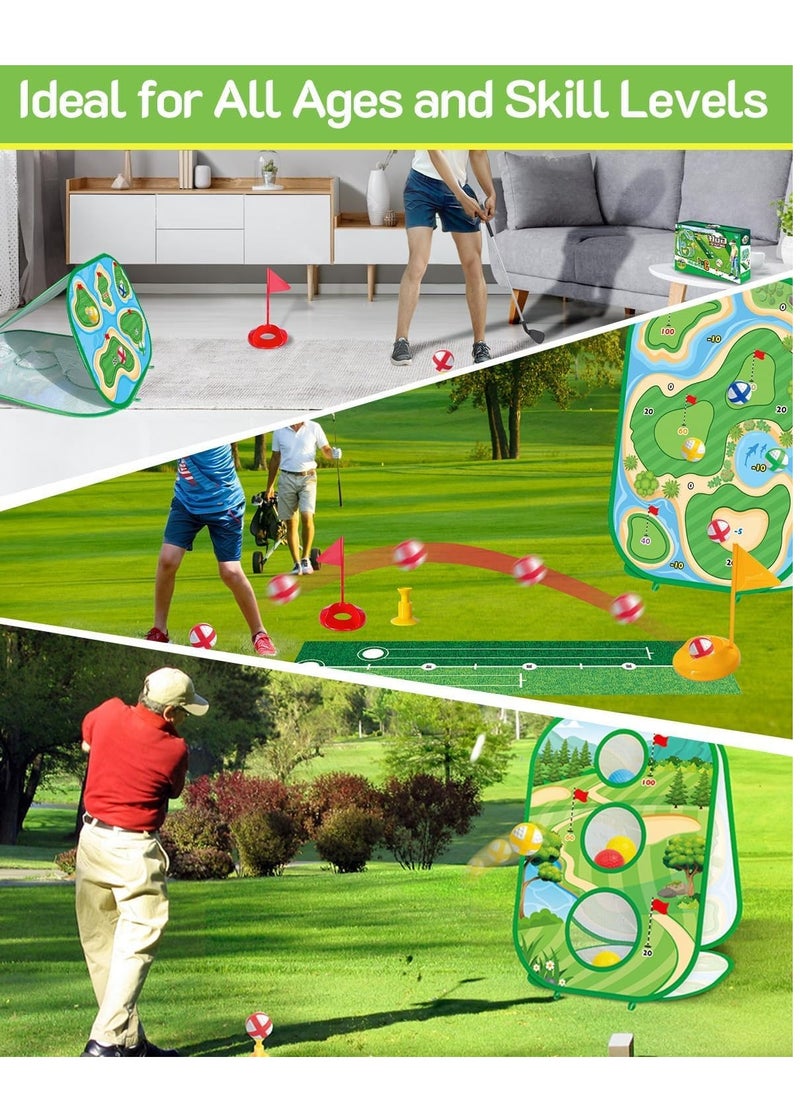 4-In-1 Kids Sticky Golf Games Set With Club, Putting Practice Mat,3-Sided Chipping Net, Multiple Game Modes, Cornhole Board Set, Indoor & Outdoor For Adults