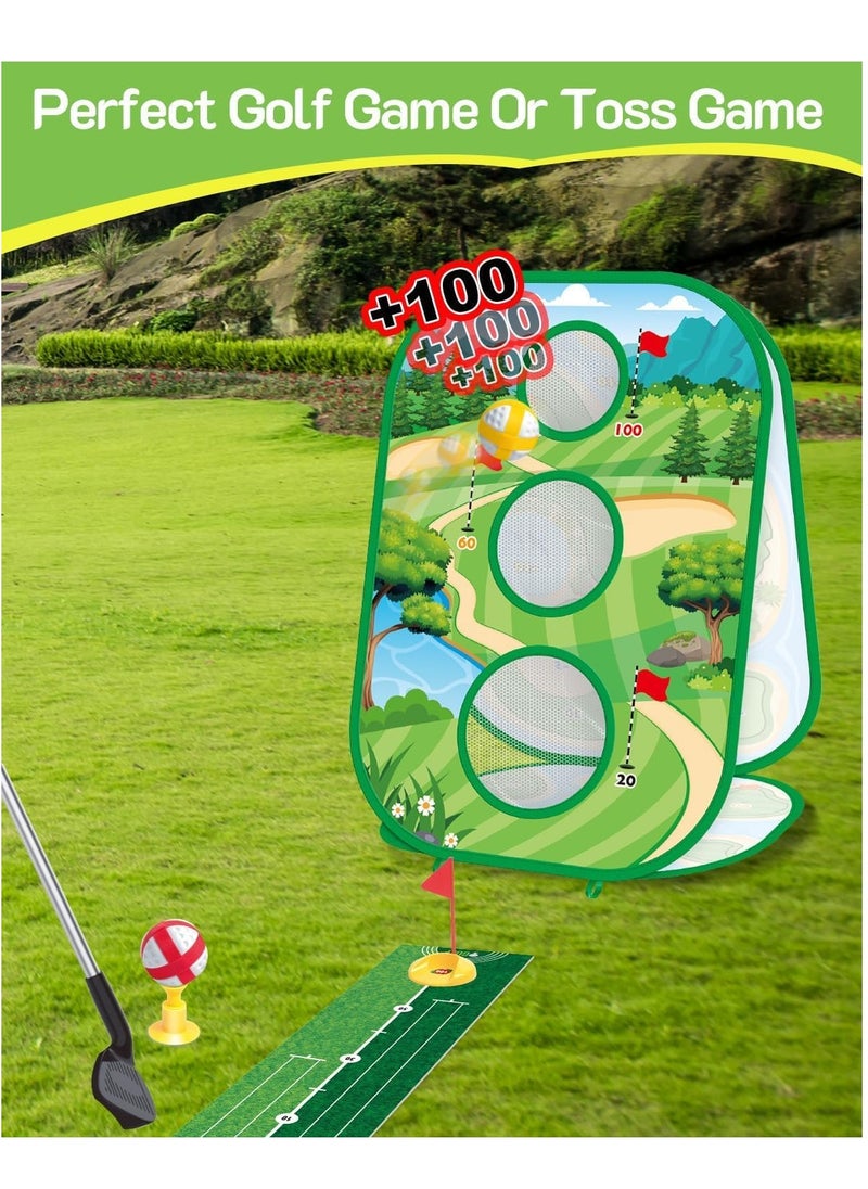 4-In-1 Kids Sticky Golf Games Set With Club, Putting Practice Mat,3-Sided Chipping Net, Multiple Game Modes, Cornhole Board Set, Indoor & Outdoor For Adults