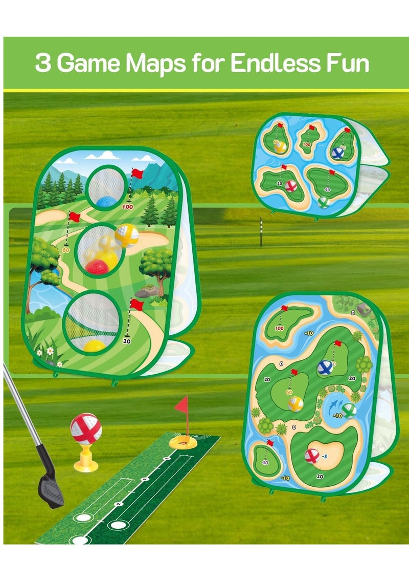 4-In-1 Kids Sticky Golf Games Set With Club, Putting Practice Mat,3-Sided Chipping Net, Multiple Game Modes, Cornhole Board Set, Indoor & Outdoor For Adults