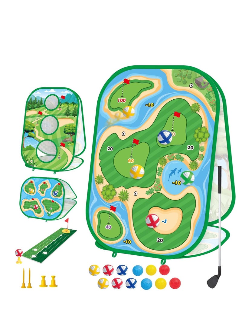 4-In-1 Kids Sticky Golf Games Set With Club, Putting Practice Mat,3-Sided Chipping Net, Multiple Game Modes, Cornhole Board Set, Indoor & Outdoor For Adults