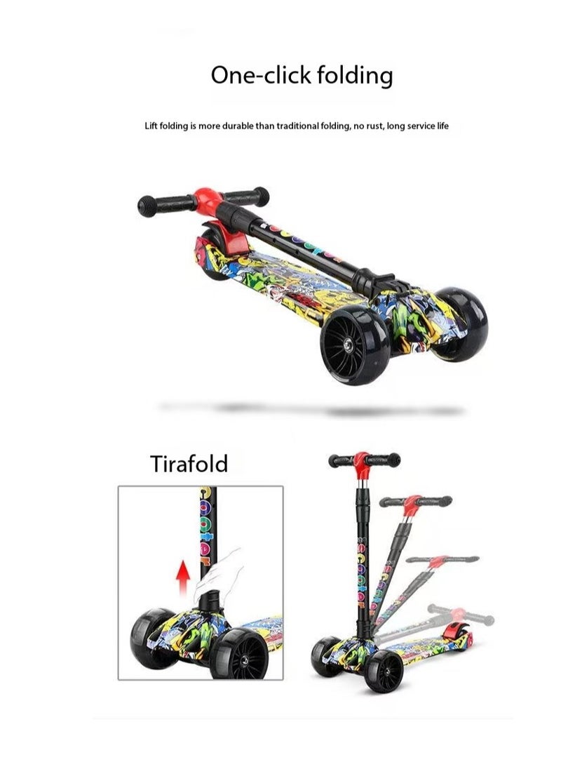 Kids Scooter, 3 Wheel Scooter, Foldable and Height Adjustable with Flashing Wheels and Music Pedal Lights, Flashing Music Scooter, Suitable for Boys and Girls, 2-8 Years Old