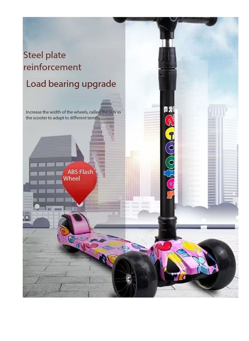 Kids Scooter, 3 Wheel Scooter, Foldable and Height Adjustable with Flashing Wheels and Music Pedal Lights, Flashing Music Scooter, Suitable for Boys and Girls, 2-8 Years Old