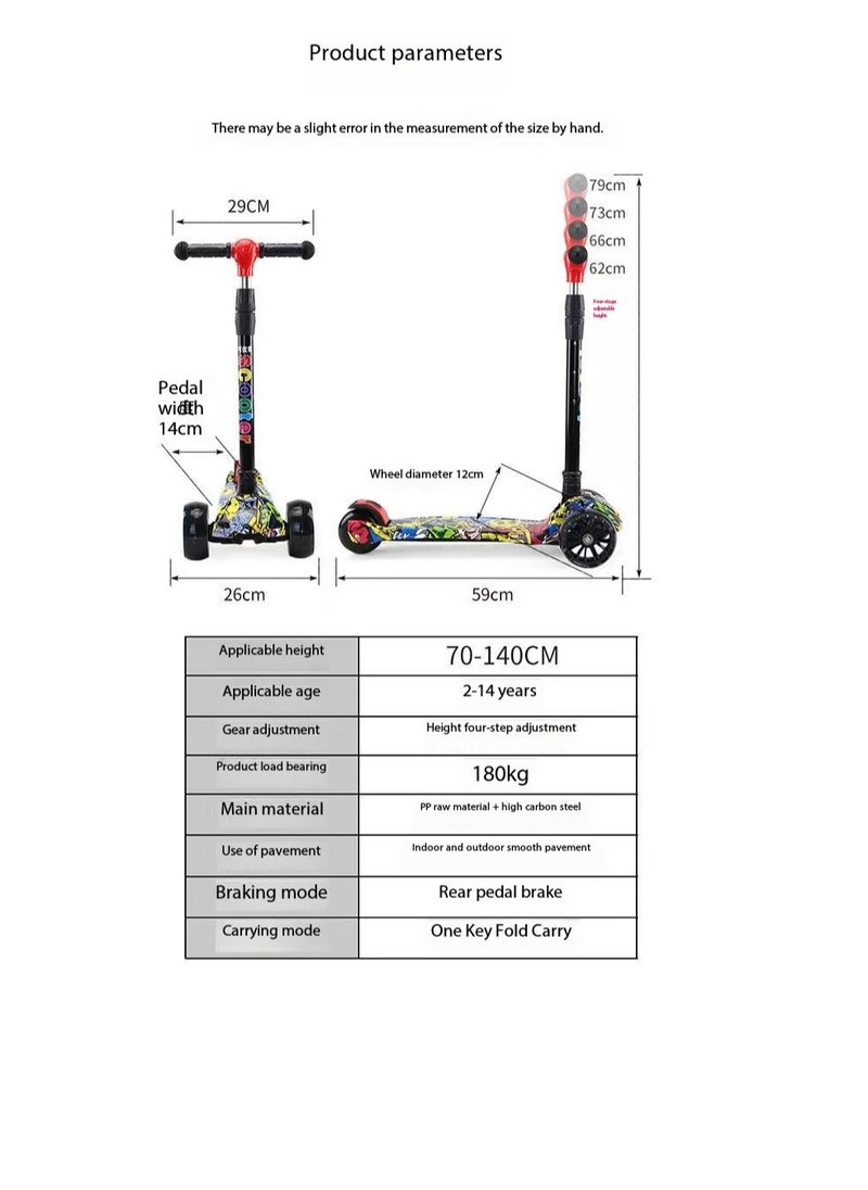 Kids Scooter, 3 Wheel Scooter, Foldable and Height Adjustable with Flashing Wheels and Music Pedal Lights, Flashing Music Scooter, Suitable for Boys and Girls, 2-8 Years Old