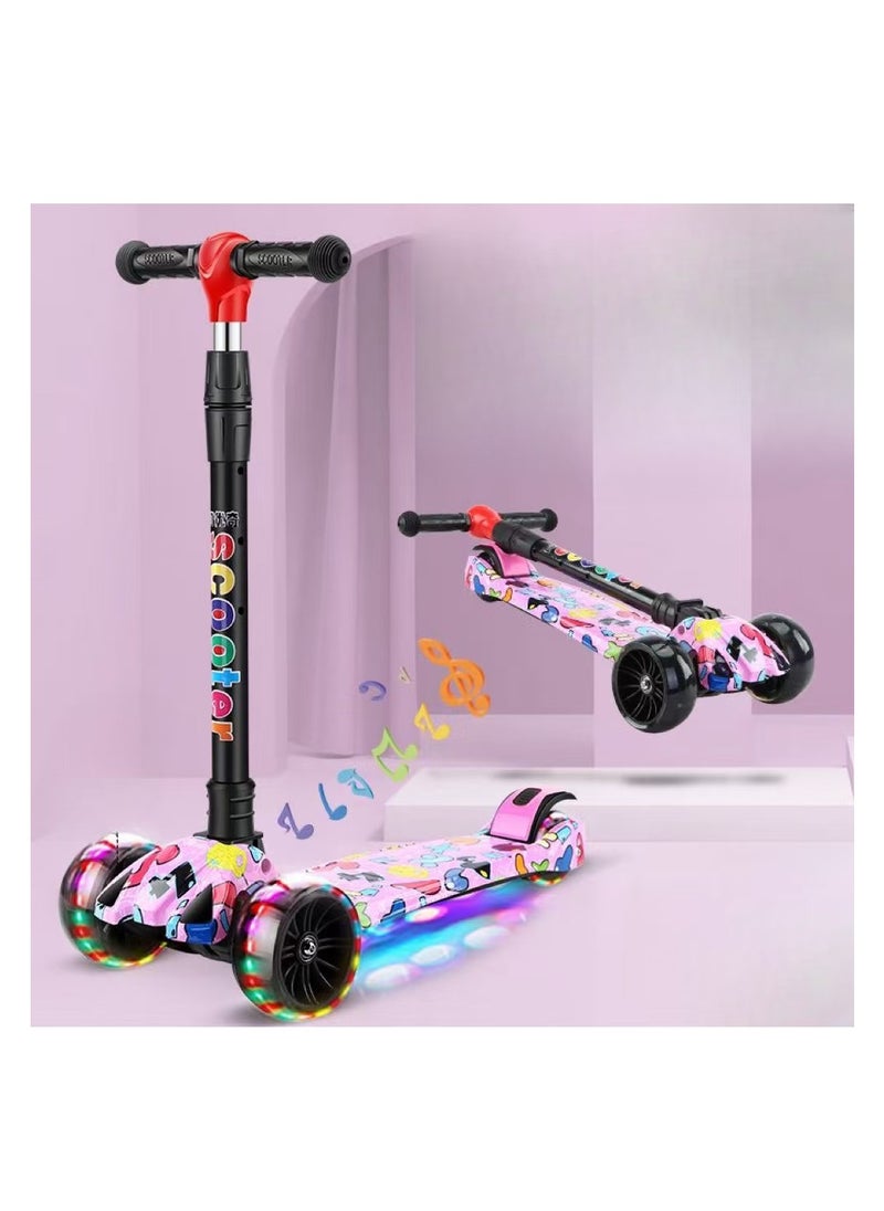 Kids Scooter, 3 Wheel Scooter, Foldable and Height Adjustable with Flashing Wheels and Music Pedal Lights, Flashing Music Scooter, Suitable for Boys and Girls, 2-8 Years Old