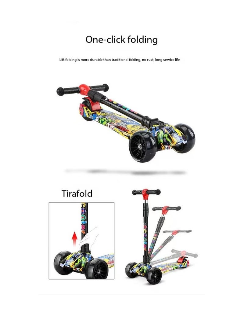 Kids Scooter, 3 Wheel Scooter, Foldable and Height Adjustable with Flashing Wheels and Music Pedal Lights, Flashing Music Scooter, Suitable for Boys and Girls, 2-8 Years Old