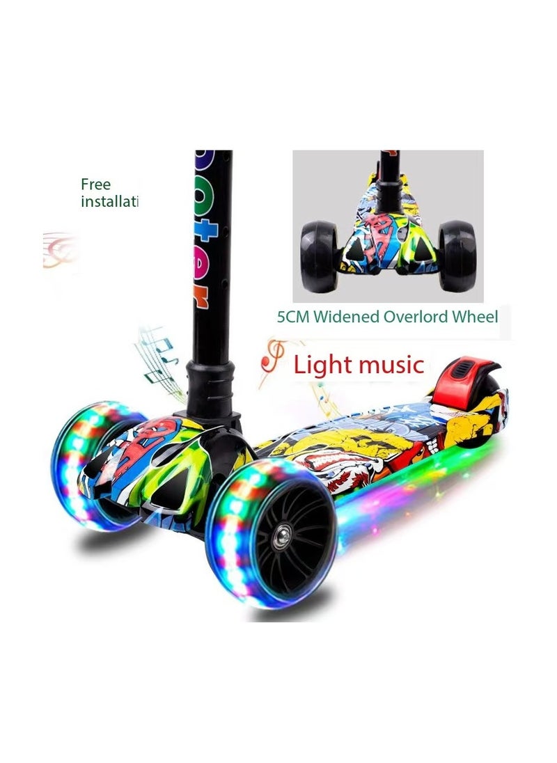 Kids Scooter, 3 Wheel Scooter, Foldable and Height Adjustable with Flashing Wheels and Music Pedal Lights, Flashing Music Scooter, Suitable for Boys and Girls, 2-8 Years Old