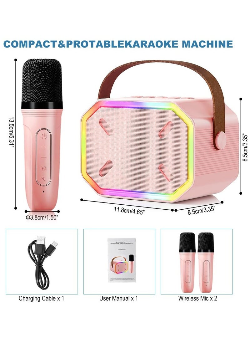 Portable Karaoke Machine, Bluetooth 5.3,Karaoke Speaker with 2 Wireless Mics, LED Lights, Magic Sound, Large Capacity Battery, Family Home Party Birthday Gift, Kids Gift for Girls Boys, Pink