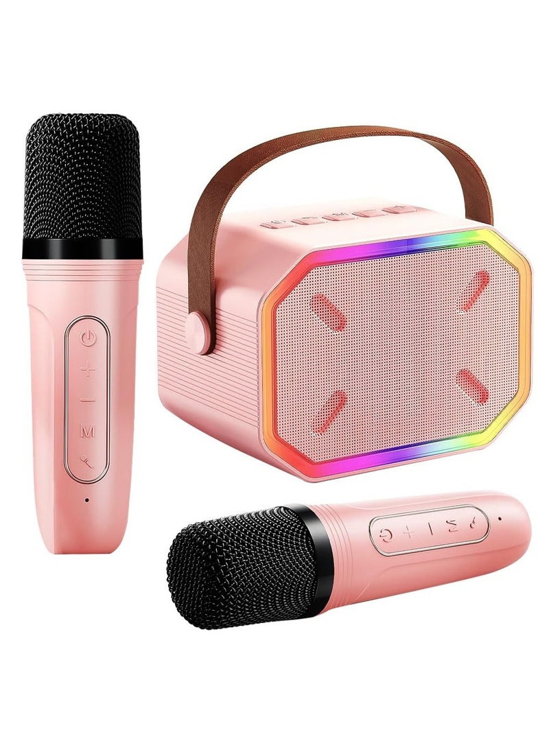 Portable Karaoke Machine, Bluetooth 5.3,Karaoke Speaker with 2 Wireless Mics, LED Lights, Magic Sound, Large Capacity Battery, Family Home Party Birthday Gift, Kids Gift for Girls Boys, Pink