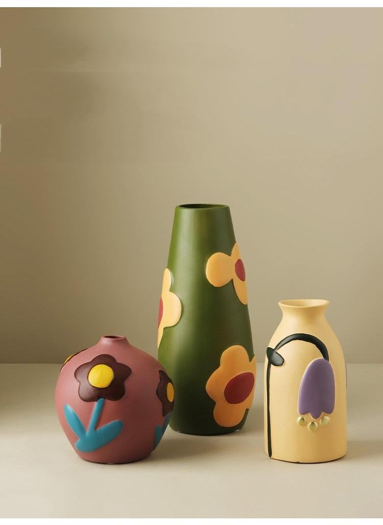 Creative Home Decor Set Of 3 Pcs Painted Ceramic Vases With Morandi Color For Living Room