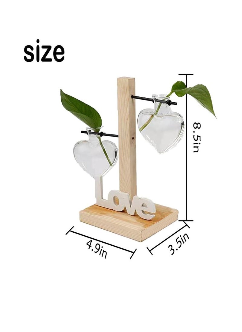 Desktop Plant Propagation Station, Glass Planter Terrarium with Wooden Tray, Two High-low bottle love-shaped glass hydroponic vases, Love Vase Plant Propagation Station for Home Office Decor