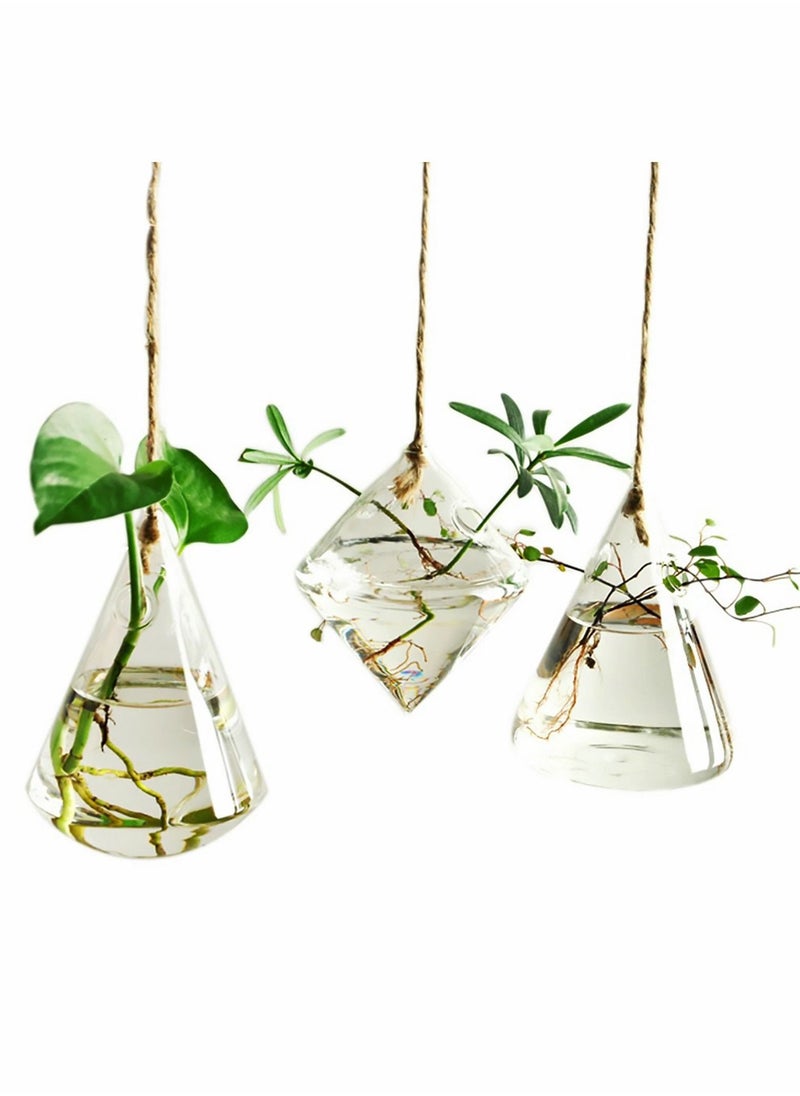 Glass Hanging Planters, 3 Pcs Indoor Outdoor Terrarium Container Plant Pots Water Containers Flower for Hydroponic Plants Home Garden Décor