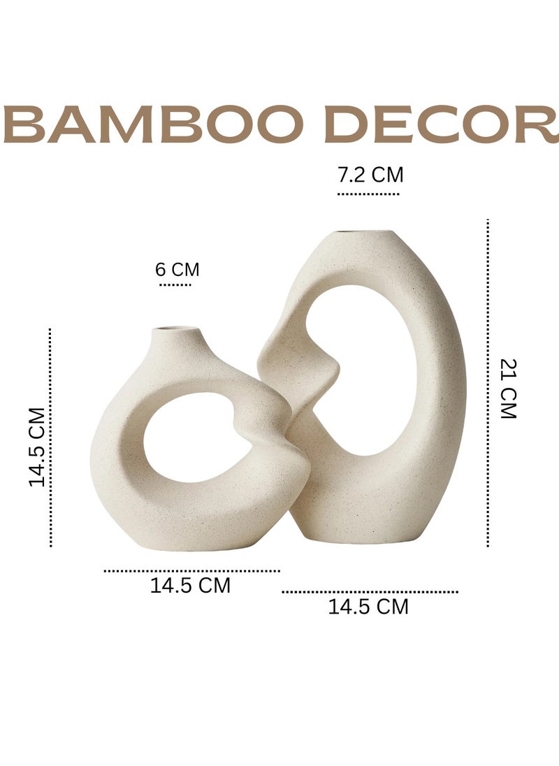 Bamboo Decor | Contemporary Ceramic Vase _ Minimalist Design _Nordic Style For Flowers-Dried Plants _ Boho Décor For Dining-Console-Accent Table (Twin D Beige 21 CM)