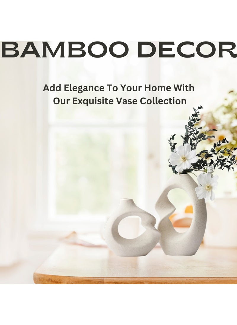 Bamboo Decor | Contemporary Ceramic Vase _ Minimalist Design _Nordic Style For Flowers-Dried Plants _ Boho Décor For Dining-Console-Accent Table (Twin D Beige 21 CM)