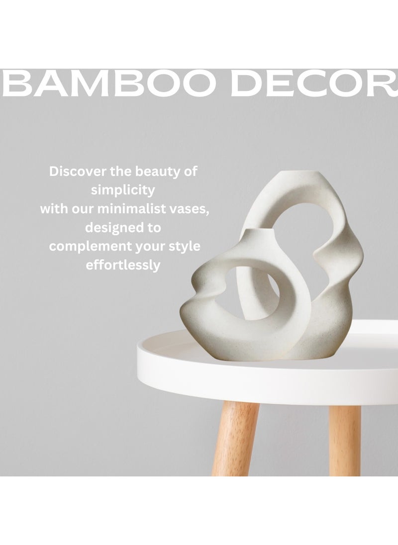 Bamboo Decor | Contemporary Ceramic Vase _ Minimalist Design _Nordic Style For Flowers-Dried Plants _ Boho Décor For Dining-Console-Accent Table (Twin D Beige 21 CM)