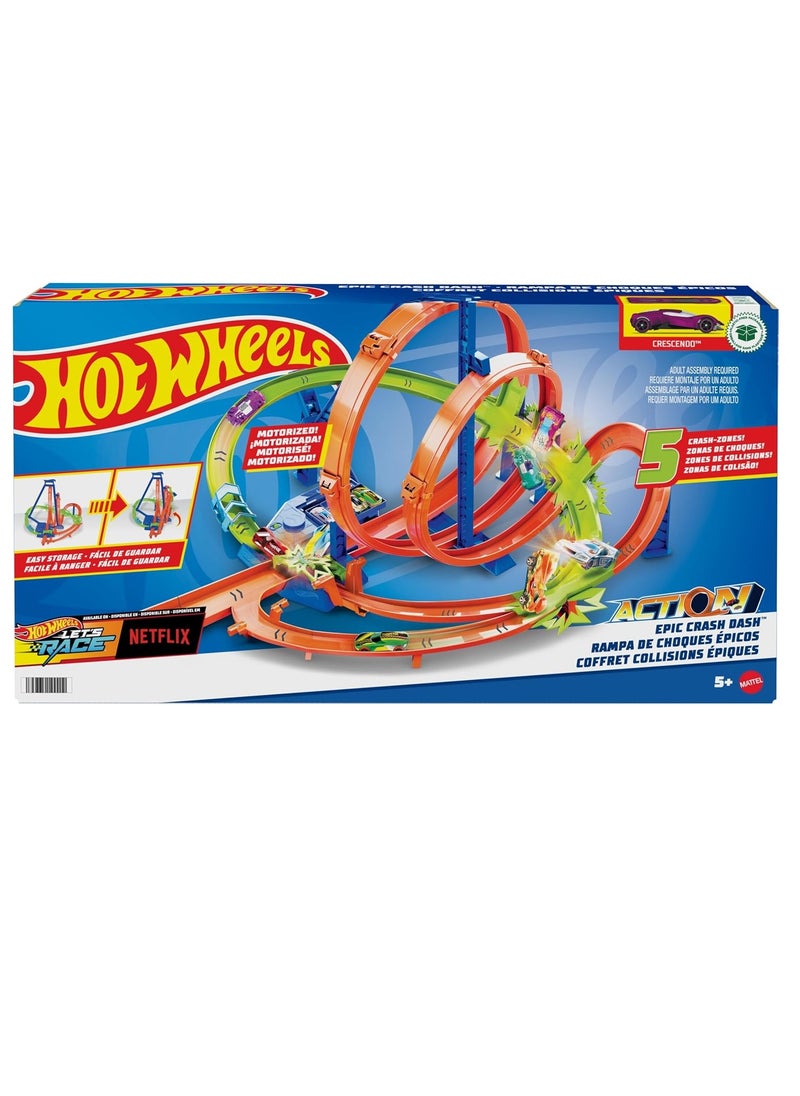 Track Set with 5 Crash Zones, Motorized Booster and 1 Hot Wheels Car