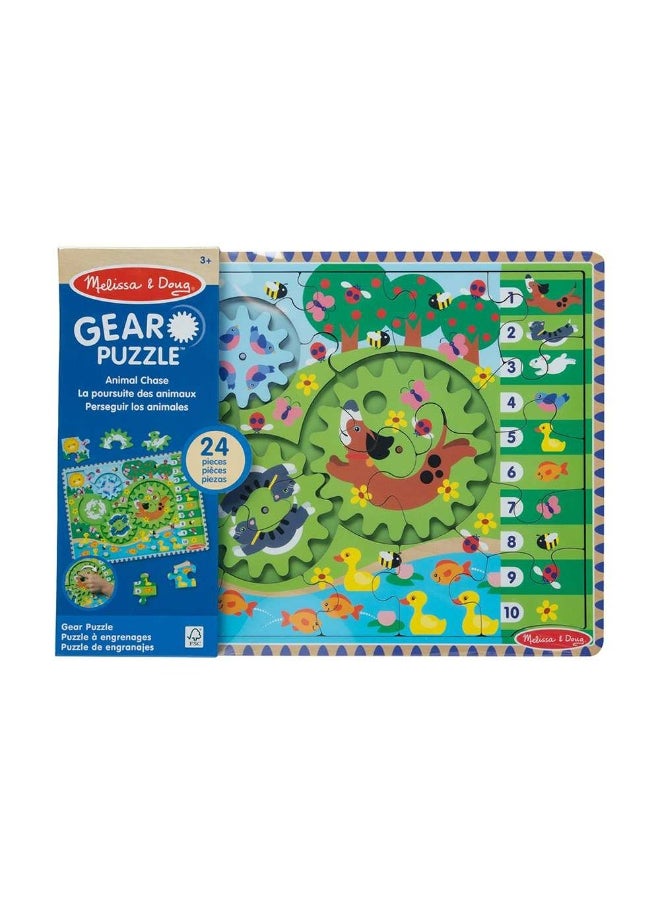 Melissa & Doug Animal Chase I-Spy Wooden Gear Puzzle Playset (24 Pieces)