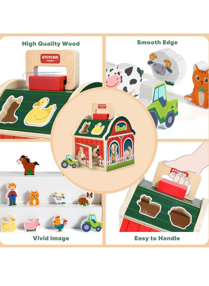 Wooden Farm Animals Toys, Take-Along Sorting Barn Toy with Door, Shape Sorter Wooden Blocks Montessori Learning Toys, Birthday Gifts for Kids