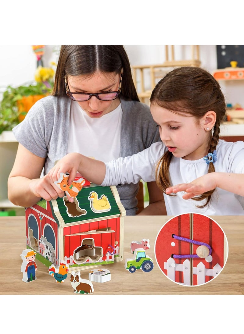 Wooden Farm Animals Toys, Take-Along Sorting Barn Toy with Door, Shape Sorter Wooden Blocks Montessori Learning Toys, Birthday Gifts for Kids