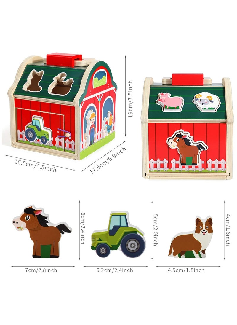 Wooden Farm Animals Toys, Take-Along Sorting Barn Toy with Door, Shape Sorter Wooden Blocks Montessori Learning Toys, Birthday Gifts for Kids