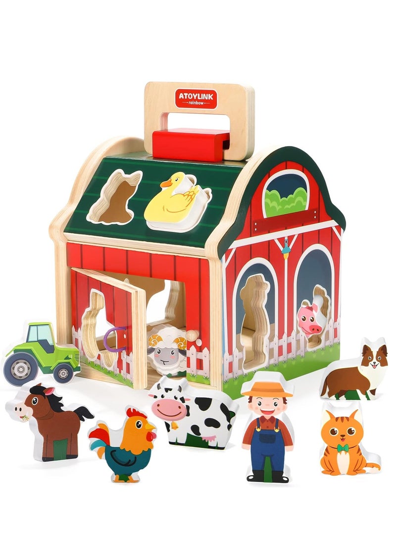 Wooden Farm Animals Toys, Take-Along Sorting Barn Toy with Door, Shape Sorter Wooden Blocks Montessori Learning Toys, Birthday Gifts for Kids