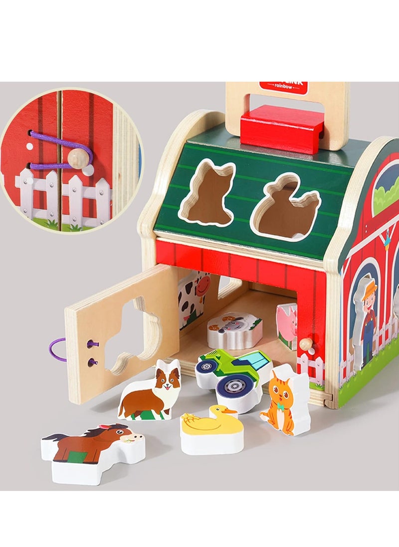 Wooden Farm Animals Toys, Take-Along Sorting Barn Toy with Door, Shape Sorter Wooden Blocks Montessori Learning Toys, Birthday Gifts for Kids