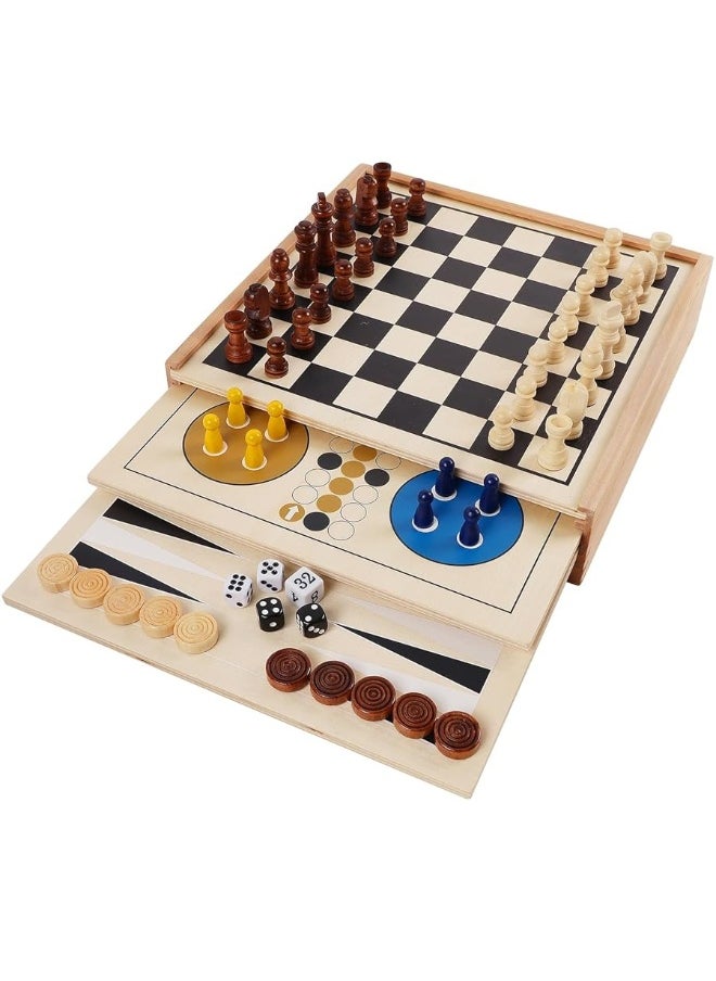 Juegoal 7-in-1 Wooden Board Game Set for Kids Adults, Tabletop Combo Classic Travel Portable Board Games (Chess, Checkers, Chinese Checkers, Backgammon, Parcheesi, Snakes and Ladders, Tic Tac Toe)