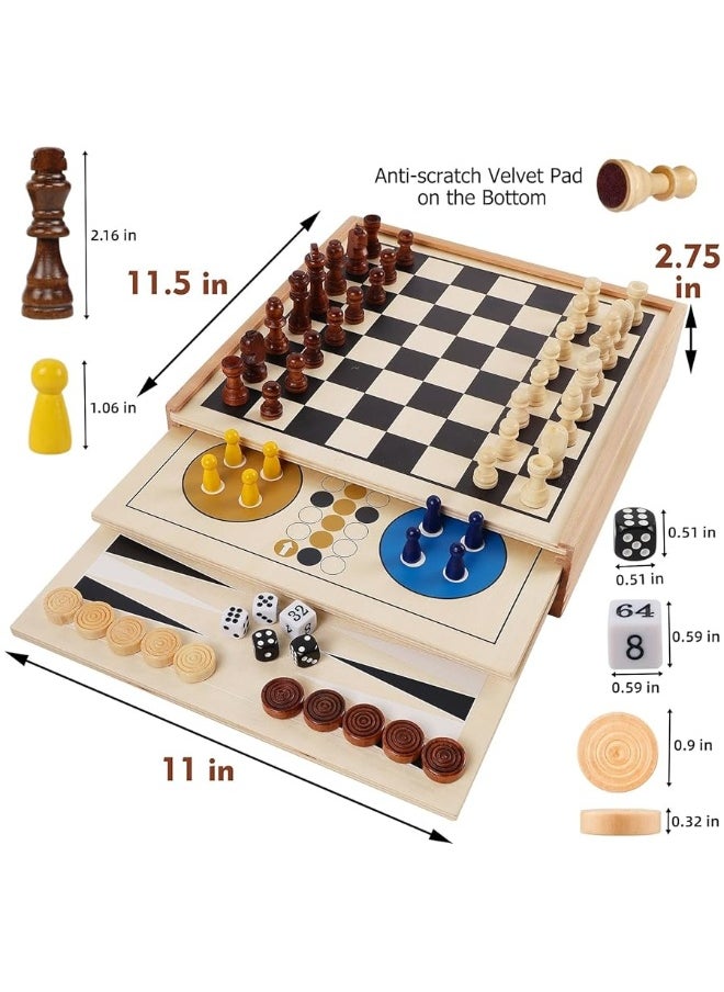 Juegoal 7-in-1 Wooden Board Game Set for Kids Adults, Tabletop Combo Classic Travel Portable Board Games (Chess, Checkers, Chinese Checkers, Backgammon, Parcheesi, Snakes and Ladders, Tic Tac Toe)