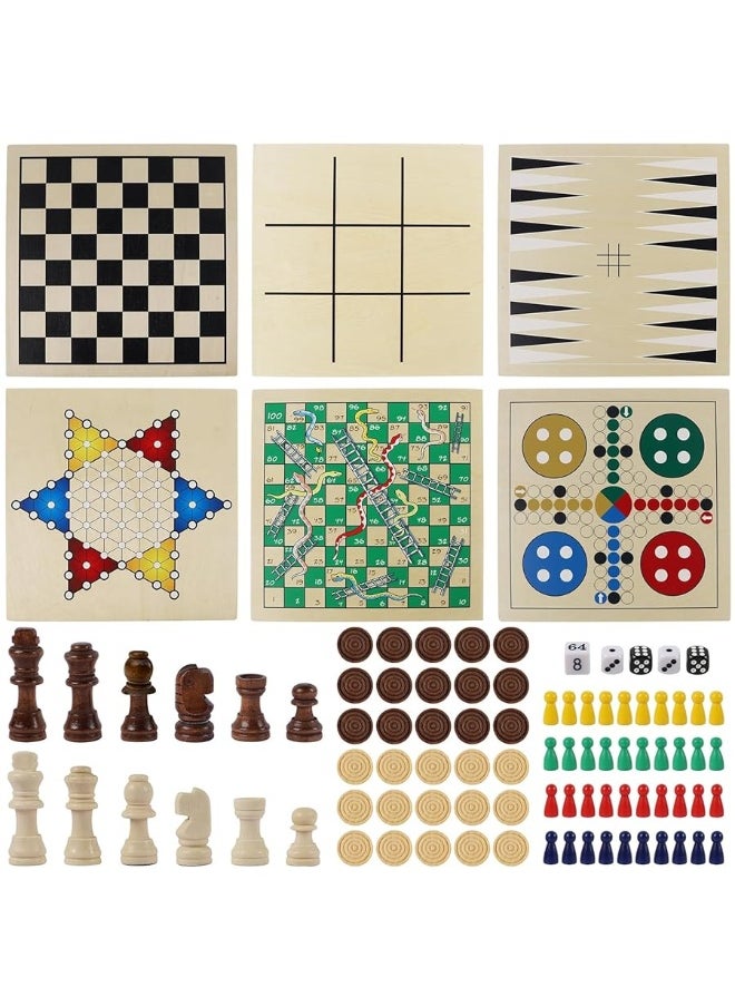 Juegoal 7-in-1 Wooden Board Game Set for Kids Adults, Tabletop Combo Classic Travel Portable Board Games (Chess, Checkers, Chinese Checkers, Backgammon, Parcheesi, Snakes and Ladders, Tic Tac Toe)