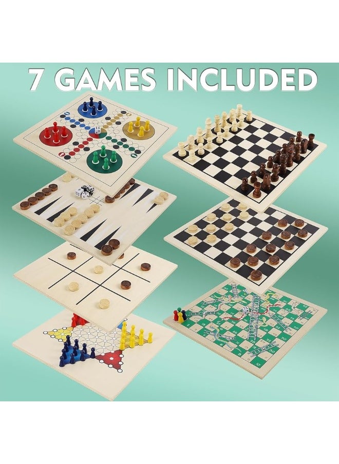 Juegoal 7-in-1 Wooden Board Game Set for Kids Adults, Tabletop Combo Classic Travel Portable Board Games (Chess, Checkers, Chinese Checkers, Backgammon, Parcheesi, Snakes and Ladders, Tic Tac Toe)