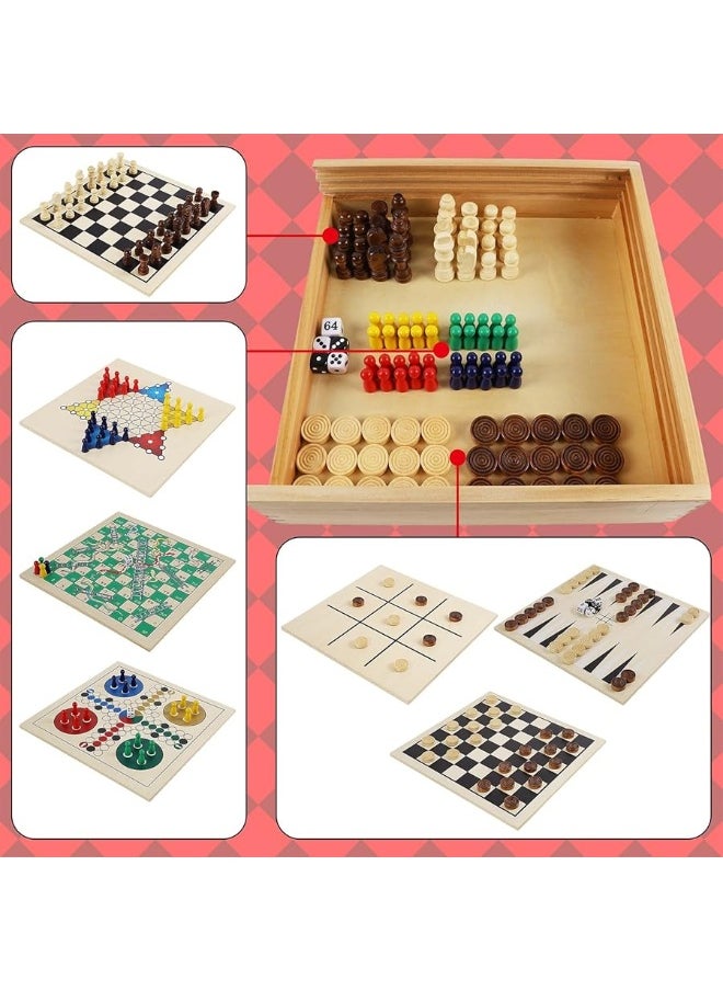 Juegoal 7-in-1 Wooden Board Game Set for Kids Adults, Tabletop Combo Classic Travel Portable Board Games (Chess, Checkers, Chinese Checkers, Backgammon, Parcheesi, Snakes and Ladders, Tic Tac Toe)