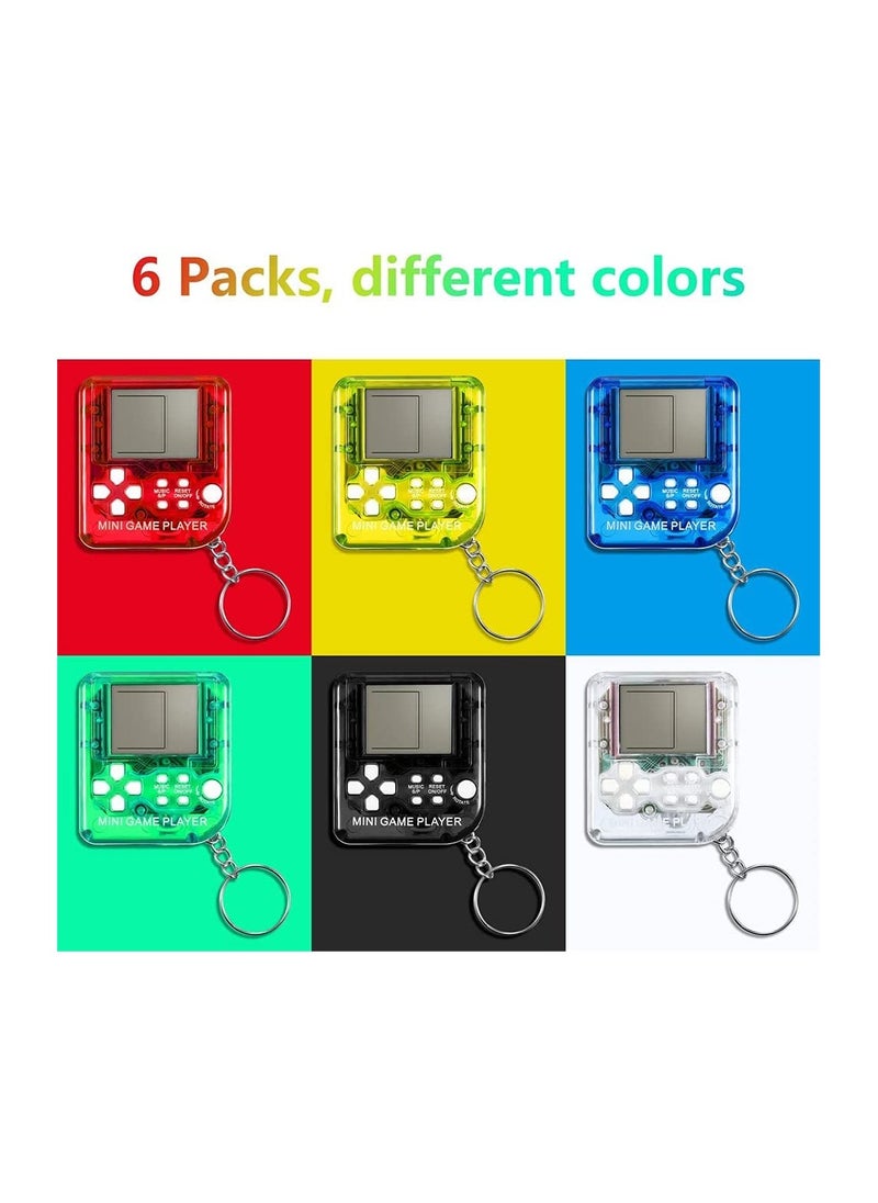 Mini Brick Game Toy Keychain Classical Portable Game Console With Hanging Chain Birthday Party Favor, 6 Pieces ( Black, Red, Blue, Green, Yellow, Transparent )