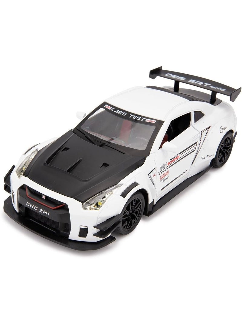 1/24 Scale Metal Nissan GTR DIE CAST Model Car , Zinc Alloy Pull Back Toy car with Sound and Light for Kids (White)