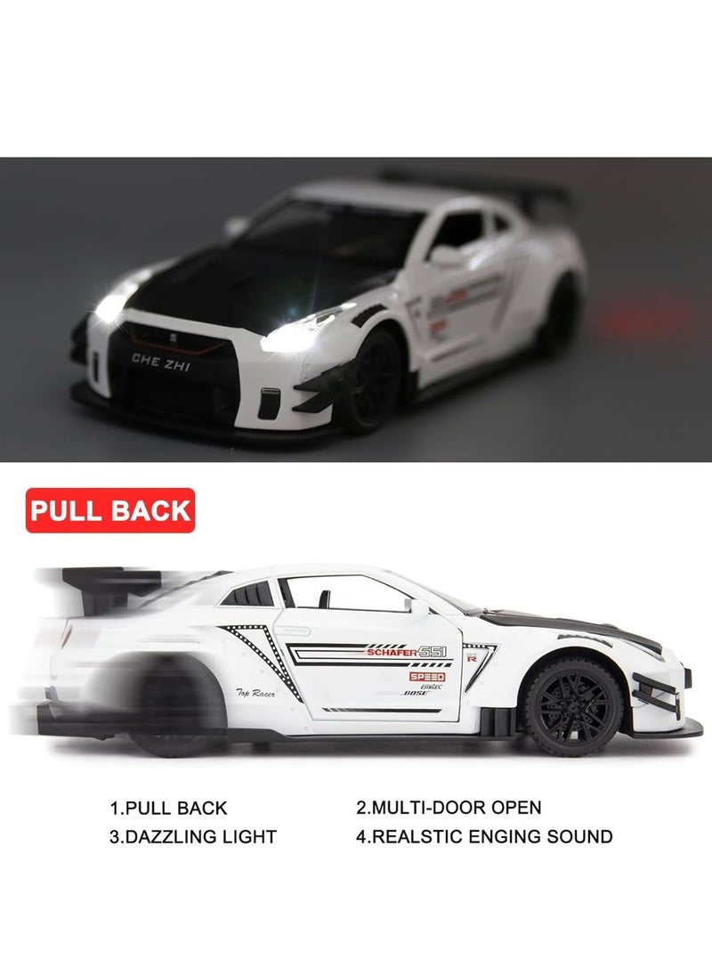 1/24 Scale Metal Nissan GTR DIE CAST Model Car , Zinc Alloy Pull Back Toy car with Sound and Light for Kids (White)