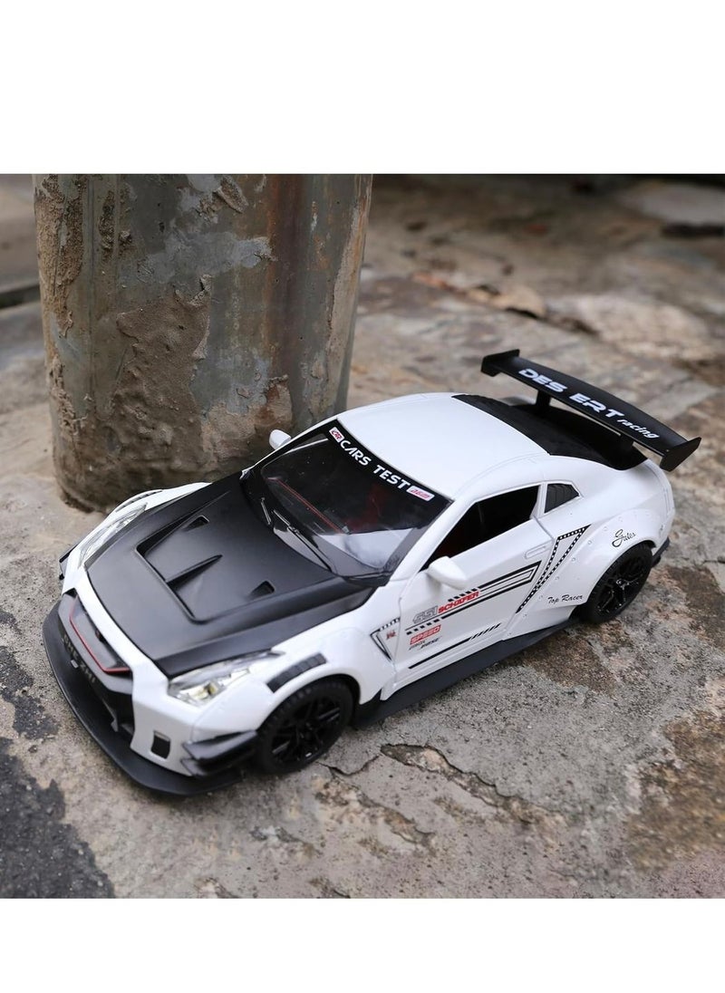 1/24 Scale Metal Nissan GTR DIE CAST Model Car , Zinc Alloy Pull Back Toy car with Sound and Light for Kids (White)