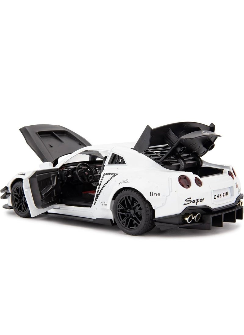 1/24 Scale Metal Nissan GTR DIE CAST Model Car , Zinc Alloy Pull Back Toy car with Sound and Light for Kids (White)