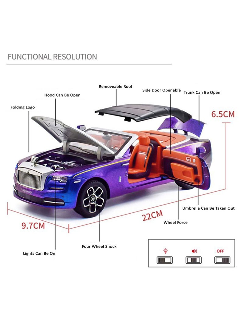 1:24 Rolls Royce Convertible Super Sports Diecast Car Model Phantom Toy Car Alloy Collectible Phantom Pull Back Model Car Vehicles with Removeable Roof, Sound Light for Kids Birthday Gift Multicolour