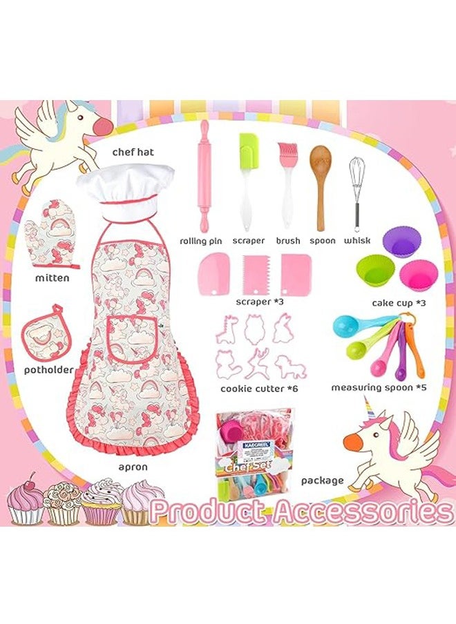 Kids Baking Chef Set with Unicorn Apron and Mitt, 26pcs Kid Cooking Set with Chef Hat Spoons Whisk, Baking Mods, Chef Dress Up Role Play Gifts for Girls Boys Aged 3 4 5 6 7 8