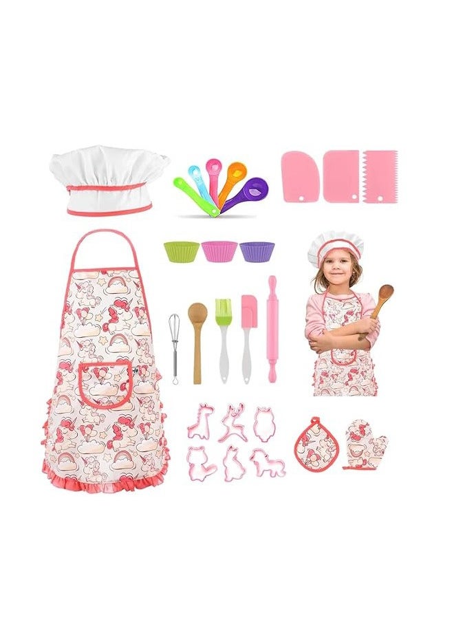 Kids Baking Chef Set with Unicorn Apron and Mitt, 26pcs Kid Cooking Set with Chef Hat Spoons Whisk, Baking Mods, Chef Dress Up Role Play Gifts for Girls Boys Aged 3 4 5 6 7 8