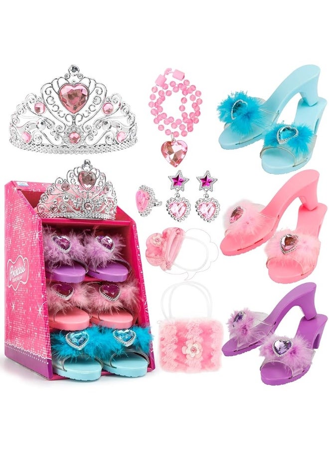 Princess Toddler Dress Up Shoes Pretend Play Jewelry Toys Set 3 Pairs of Shoes with Tiara Earrings Necklaces Ring Role Play Shoes Set for Little Girls Aged 3-6 Years Old