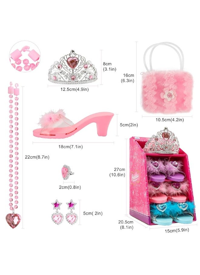 Princess Toddler Dress Up Shoes Pretend Play Jewelry Toys Set 3 Pairs of Shoes with Tiara Earrings Necklaces Ring Role Play Shoes Set for Little Girls Aged 3-6 Years Old