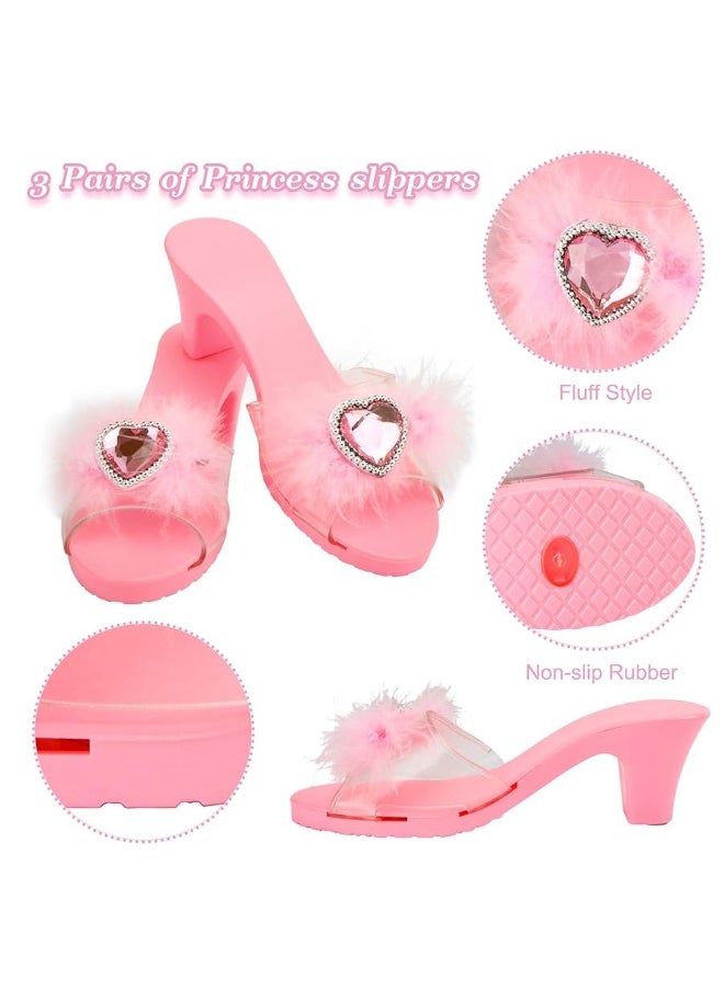 Princess Toddler Dress Up Shoes Pretend Play Jewelry Toys Set 3 Pairs of Shoes with Tiara Earrings Necklaces Ring Role Play Shoes Set for Little Girls Aged 3-6 Years Old