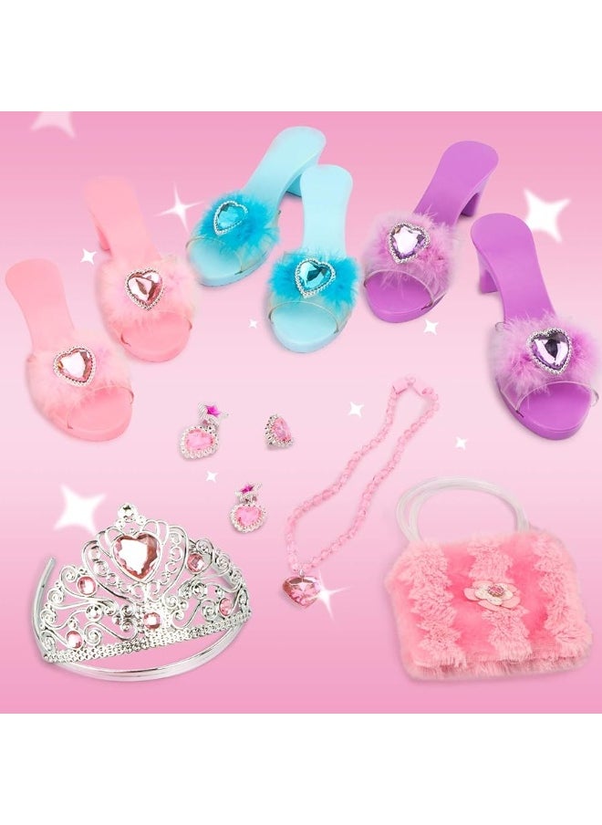 Princess Toddler Dress Up Shoes Pretend Play Jewelry Toys Set 3 Pairs of Shoes with Tiara Earrings Necklaces Ring Role Play Shoes Set for Little Girls Aged 3-6 Years Old