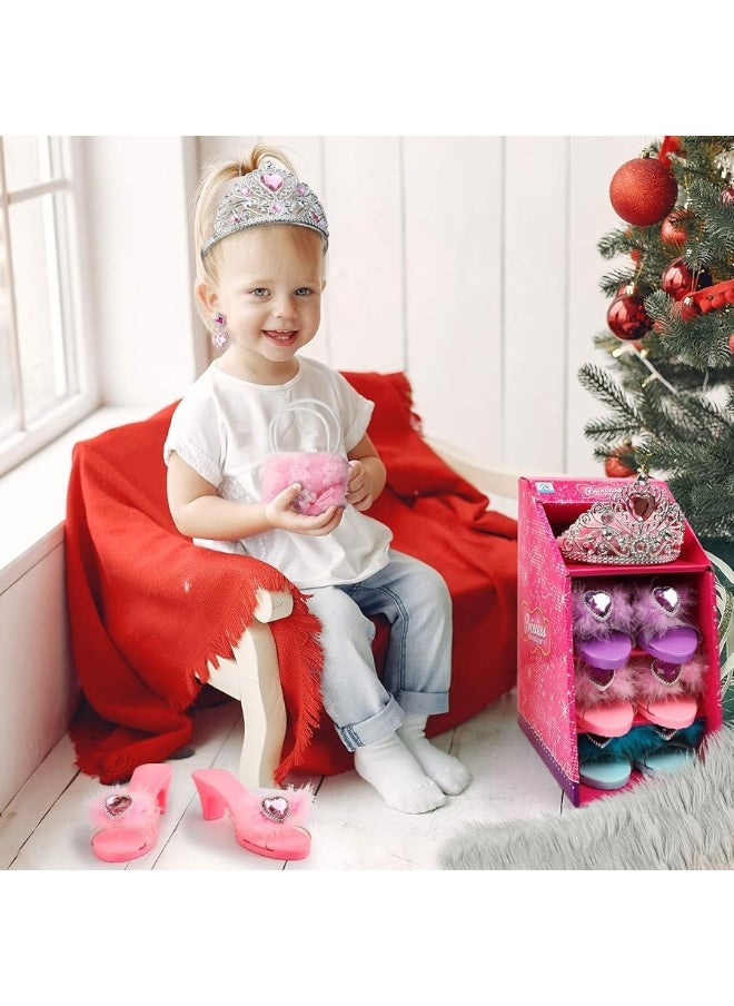 Princess Toddler Dress Up Shoes Pretend Play Jewelry Toys Set 3 Pairs of Shoes with Tiara Earrings Necklaces Ring Role Play Shoes Set for Little Girls Aged 3-6 Years Old